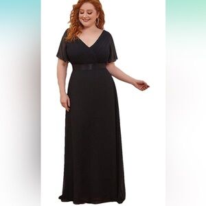Ever Pretty Black Flutter Butterfly Sleeve V-Neck Chiffon Maxi Gown Plus Size 4X